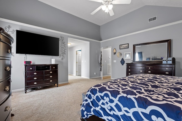 carpeted bedroom with lofted ceiling and ceiling fan