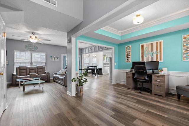 office with crown molding, ceiling fan, a textured ceiling, and dark hardwood / wood-style flooring