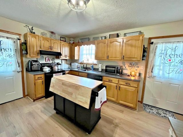 kitchen with dishwasher, sink, a textured ceiling, and light wood-type flooring