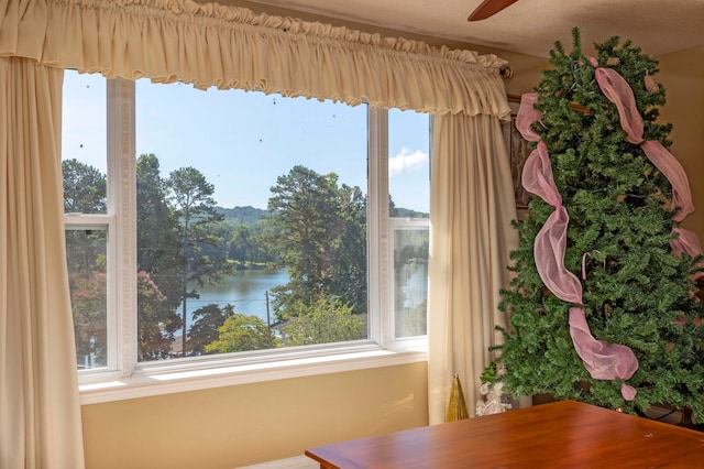 dining area with a textured ceiling, a water view, a wealth of natural light, and ceiling fan