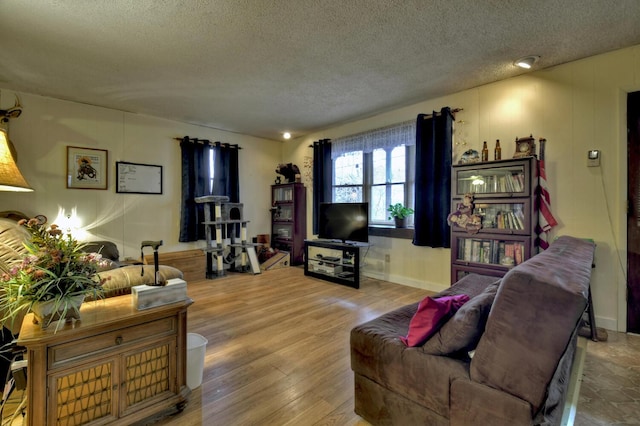 living room with a textured ceiling and wood finished floors