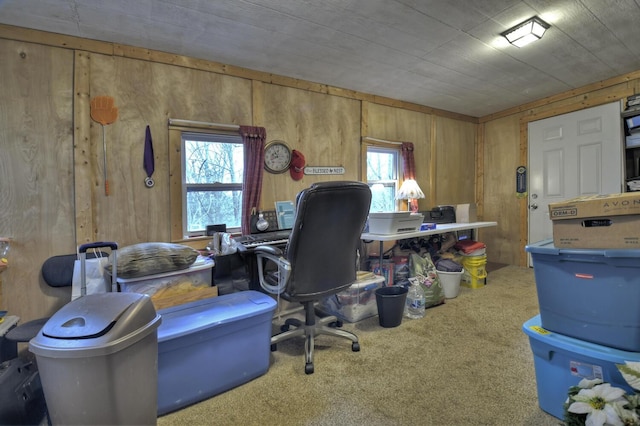 carpeted home office featuring wooden walls