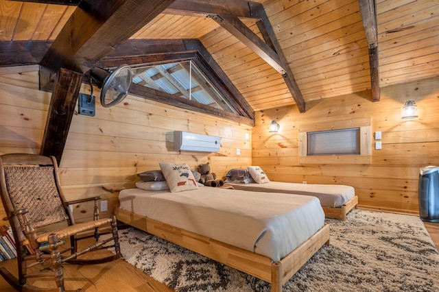 bedroom with wood ceiling, a wall mounted AC, lofted ceiling with beams, and light wood-type flooring