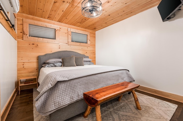 bedroom with dark hardwood / wood-style flooring, wooden ceiling, and wooden walls