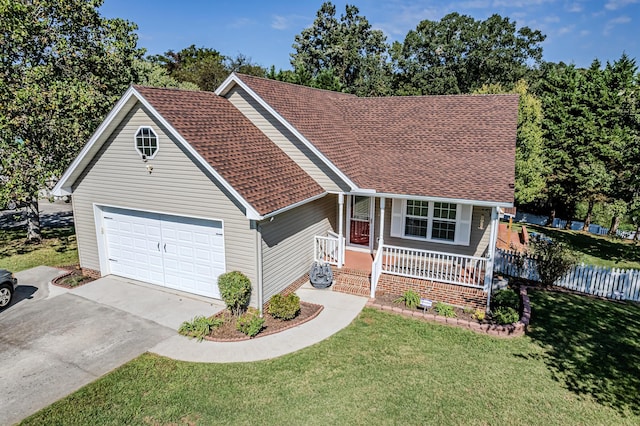 ranch-style house with covered porch and a front lawn