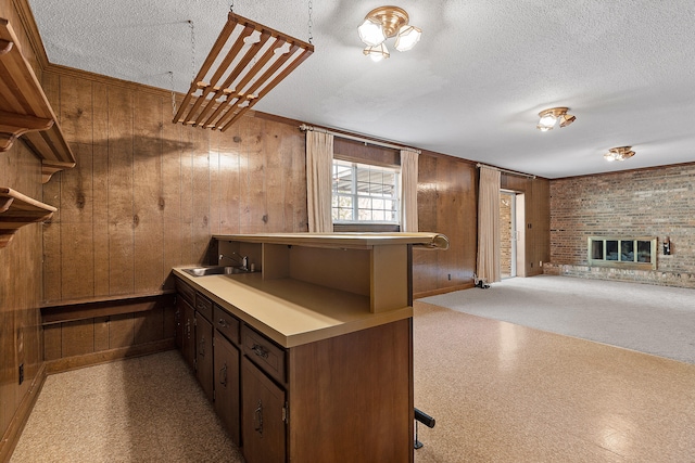 kitchen featuring a fireplace, a textured ceiling, sink, and wood walls