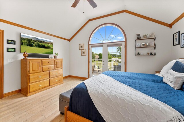 407 Kahite Trl, Vonore, TN 37885 - bedroom with light wood finished floors, access to exterior, french doors, lofted ceiling, and baseboards