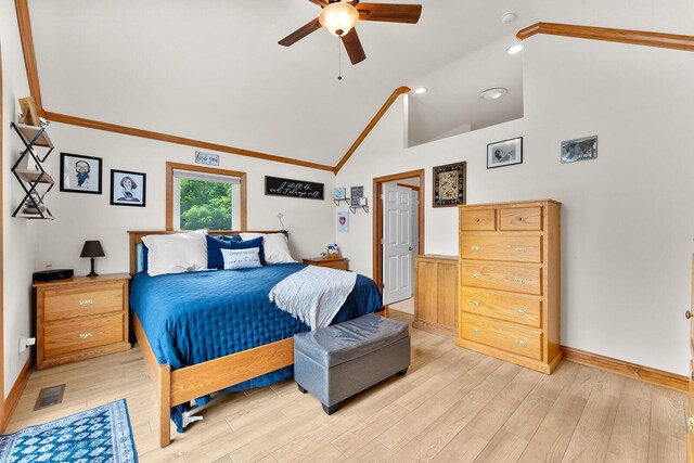 407 Kahite Trl, Vonore, TN 37885 - bedroom with light wood-style floors, high vaulted ceiling, baseboards, ceiling fan, and recessed lighting
