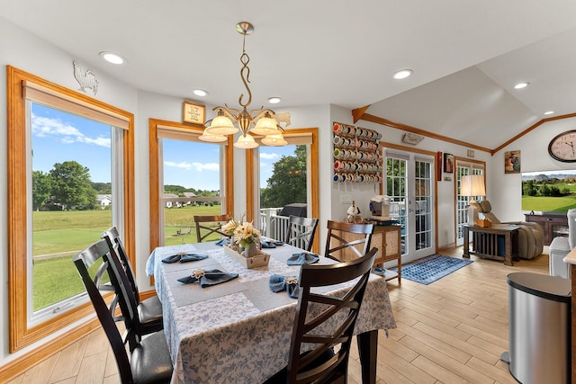 407 Kahite Trl, Vonore, TN 37885 - dining space with french doors, a chandelier, vaulted ceiling, light wood-style floors, and recessed lighting