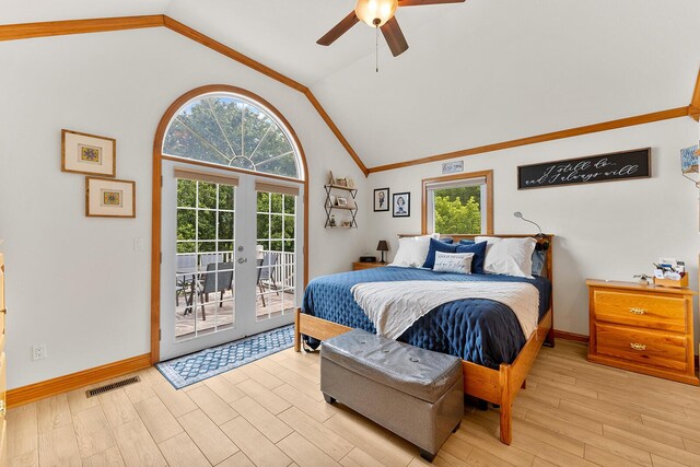 407 Kahite Trl, Vonore, TN 37885 - bedroom with access to outside, vaulted ceiling, light wood-style flooring, baseboards, and a ceiling fan