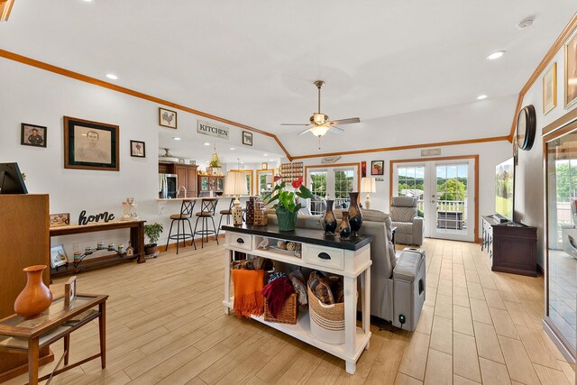 407 Kahite Trl, Vonore, TN 37885 - living area with ceiling fan, light wood-style floors, french doors, crown molding, and recessed lighting