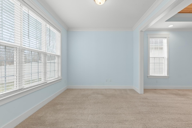 spare room with crown molding and light colored carpet