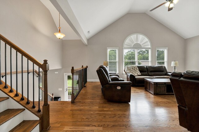 1851 Preservation Dr NE, Cleveland, TN 37323 - living room featuring wood finished floors, a ceiling fan, and high vaulted ceiling