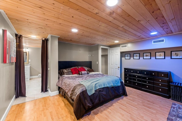 bedroom featuring light wood-type flooring and wooden ceiling