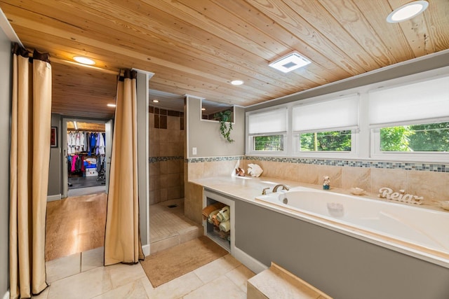 bathroom with tile patterned flooring, independent shower and bath, and wooden ceiling