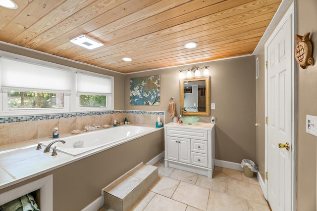 bathroom featuring a tub to relax in, vanity, and wood ceiling