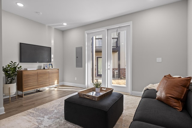 living room featuring electric panel, baseboards, wood finished floors, and recessed lighting