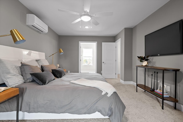 bedroom with carpet floors, a wall unit AC, a ceiling fan, and baseboards