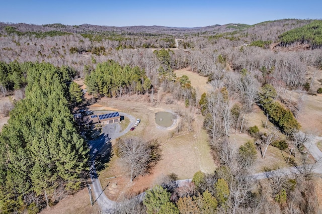 birds eye view of property with a forest view and a mountain view