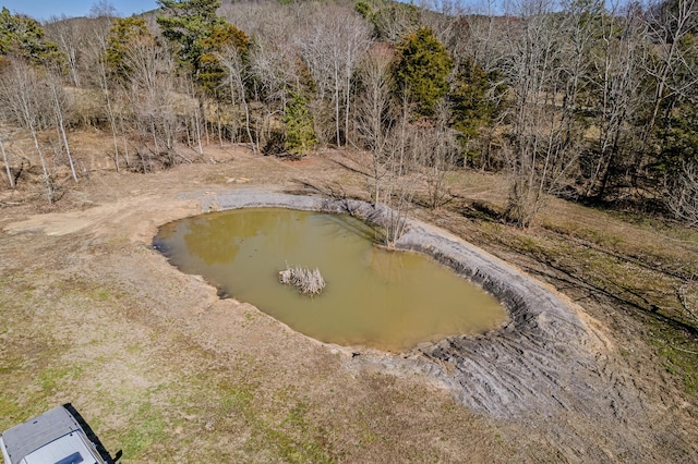 bird's eye view with a wooded view