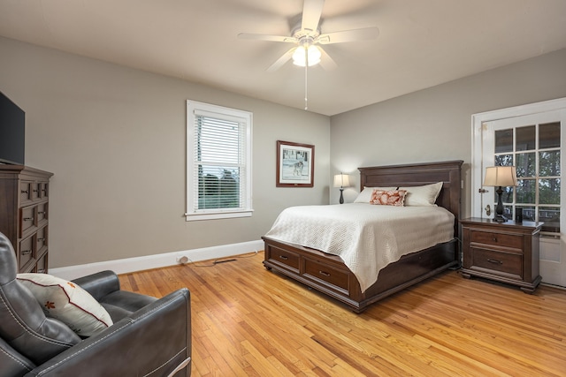 bedroom with ceiling fan and light wood-type flooring