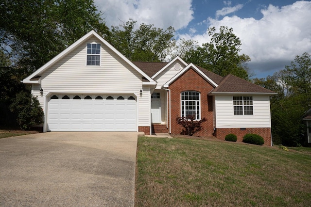 6117 Chandler Hill Rd, Ooltewah, TN 37363 - view of front of property with a garage, roof with shingles, a front yard, brick siding, and concrete driveway