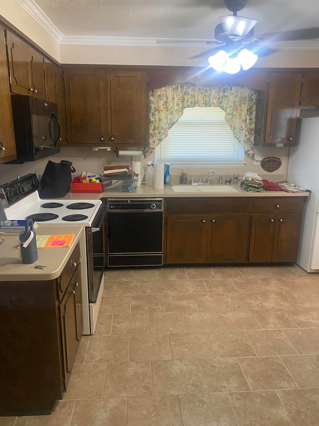 kitchen featuring dark brown cabinetry, sink, black appliances, and ornamental molding