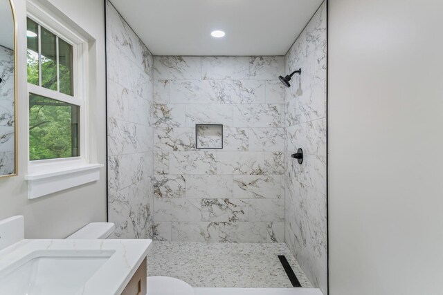 826 Long Mill Rd, Athens, TN 37303 - bathroom with vanity, tiled shower, toilet, and recessed lighting