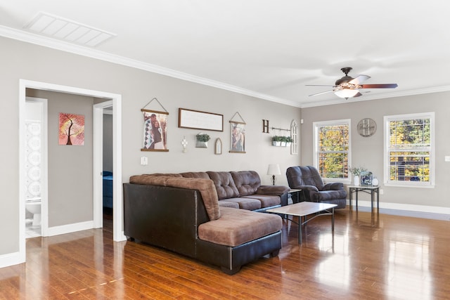 living room with ceiling fan, ornamental molding, and hardwood / wood-style flooring