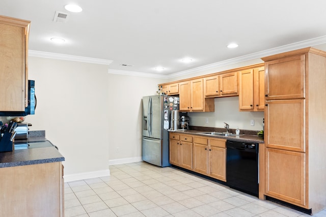 kitchen with crown molding, sink, light tile patterned floors, stainless steel fridge with ice dispenser, and black dishwasher