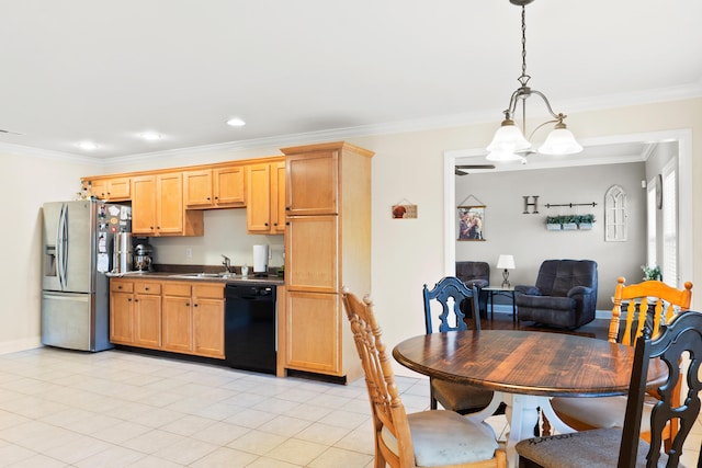 kitchen with pendant lighting, dishwasher, crown molding, stainless steel fridge, and a notable chandelier