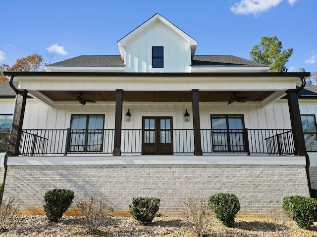 rear view of property with ceiling fan, a porch, and french doors