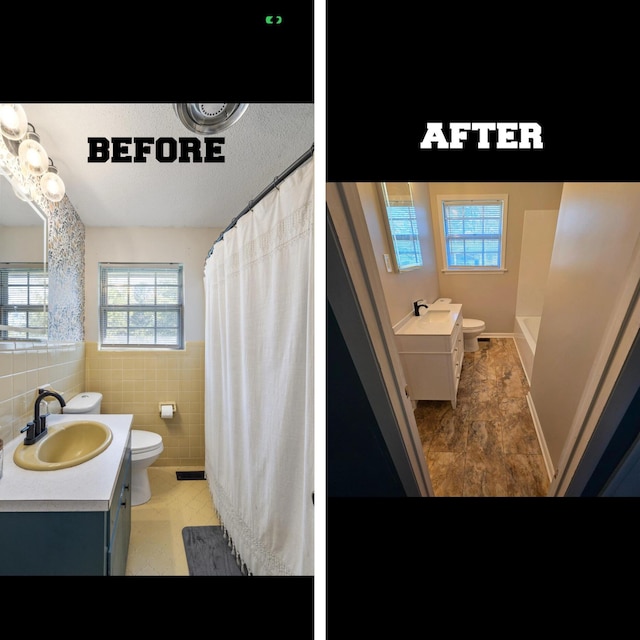 bathroom with curtained shower, vanity, tile walls, and toilet