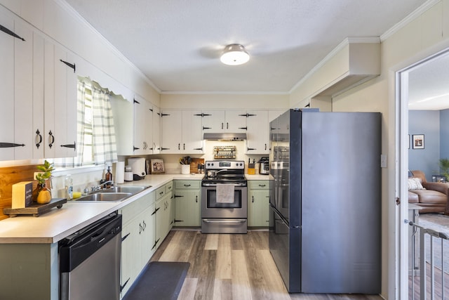 kitchen featuring white cabinets, sink, light hardwood / wood-style flooring, ornamental molding, and stainless steel appliances