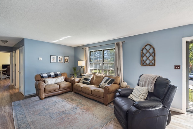 living room with wood-type flooring and a textured ceiling