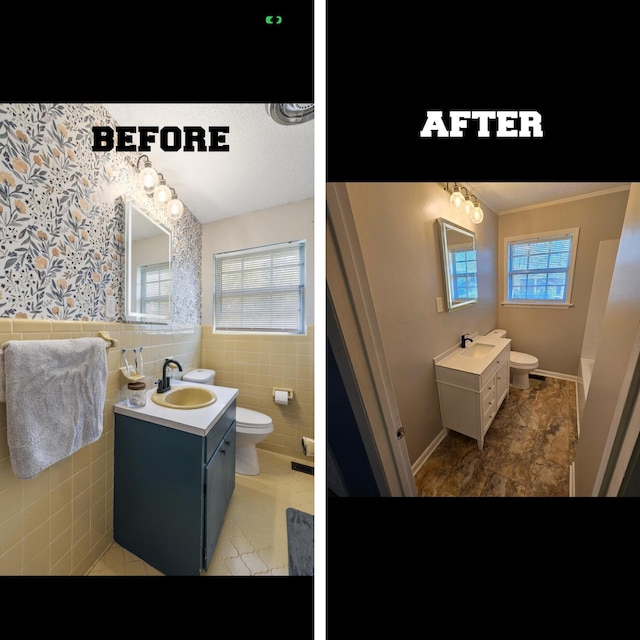 bathroom with vanity, a healthy amount of sunlight, toilet, and tile walls