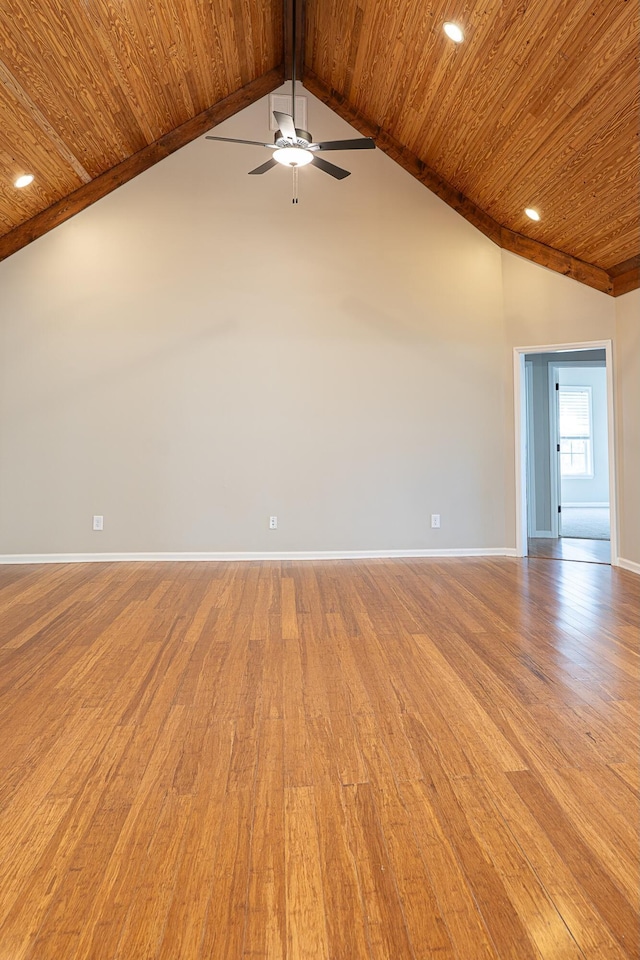 unfurnished living room featuring vaulted ceiling, wood ceiling, and light hardwood / wood-style floors