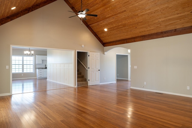 unfurnished living room featuring wood ceiling, ceiling fan with notable chandelier, hardwood / wood-style floors, and high vaulted ceiling