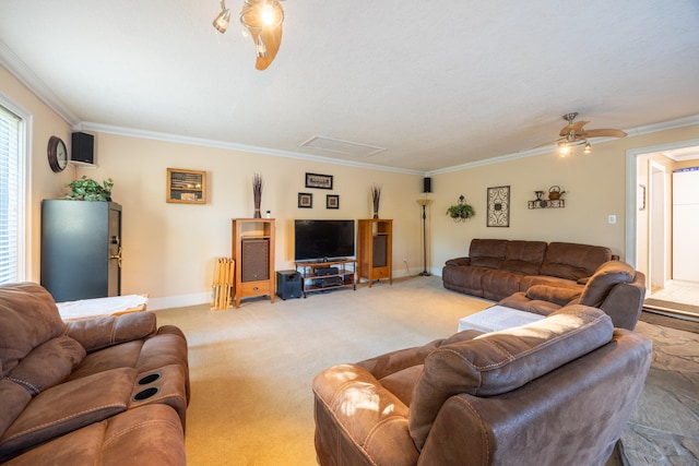 carpeted living room featuring ceiling fan and crown molding