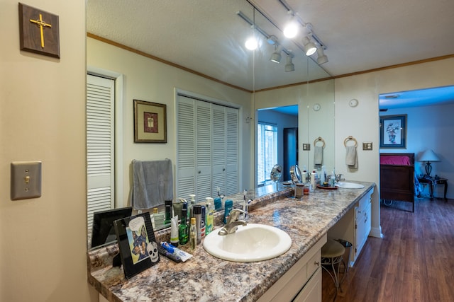 bathroom featuring hardwood / wood-style flooring, vanity, ornamental molding, and a textured ceiling