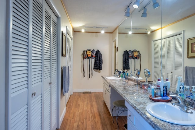 bathroom featuring hardwood / wood-style floors, vanity, track lighting, crown molding, and a textured ceiling