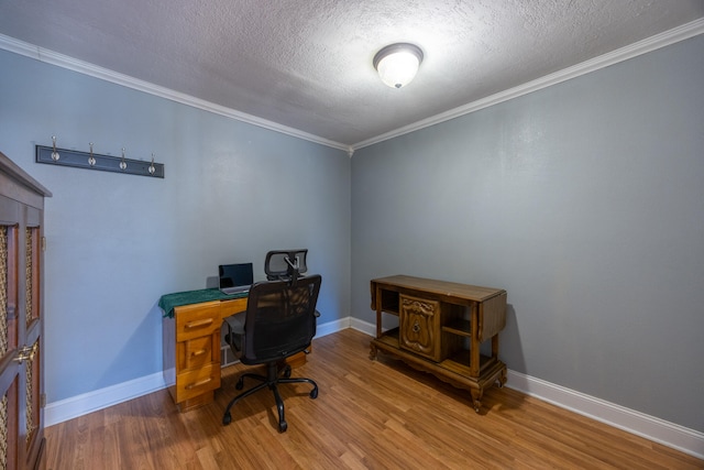 office area featuring crown molding, hardwood / wood-style floors, and a textured ceiling