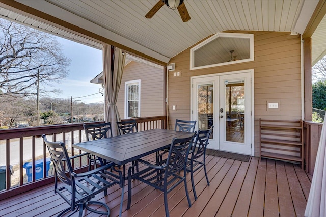 wooden deck with french doors and ceiling fan