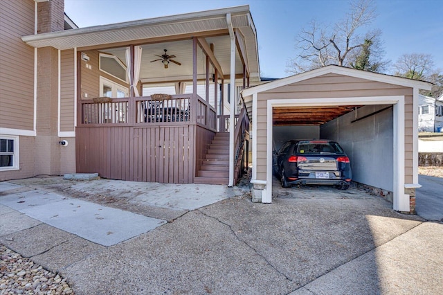 exterior space featuring ceiling fan, a porch, and a garage