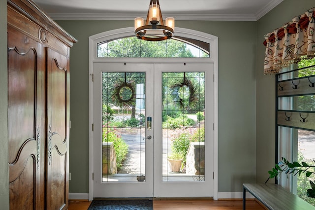 212 N Palisades Dr, Signal Mountain, TN 37377 - doorway to outside with french doors, light wood-style flooring, a chandelier, and crown molding