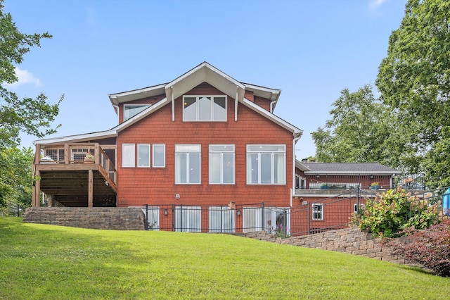 212 N Palisades Dr, Signal Mountain, TN 37377 - rear view of house with a lawn, a wooden deck, and stairs