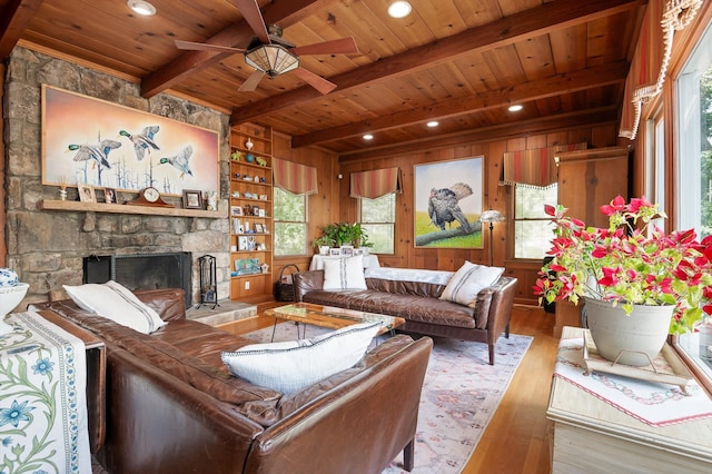 212 N Palisades Dr, Signal Mountain, TN 37377 - living area featuring a wood ceiling with exposed beams, wood finished floors, ceiling fan, wood walls, and recessed lighting