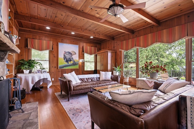 212 N Palisades Dr, Signal Mountain, TN 37377 - living area featuring wood walls, a wooden ceiling with exposed beams, wood-type flooring, ceiling fan, and a wood stove