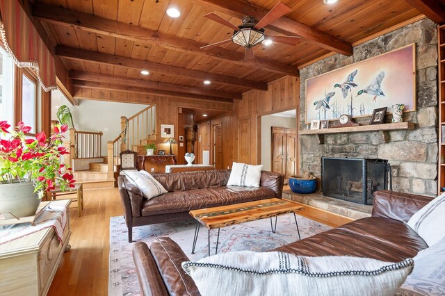 212 N Palisades Dr, Signal Mountain, TN 37377 - living area with a wood ceiling with exposed beams, stairs, wooden walls, wood finished floors, and ceiling fan