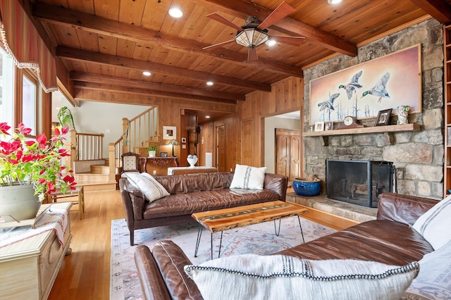 212 N Palisades Dr, Signal Mountain, TN 37377 - living area with a wood ceiling with exposed beams, stairs, wooden walls, wood finished floors, and ceiling fan